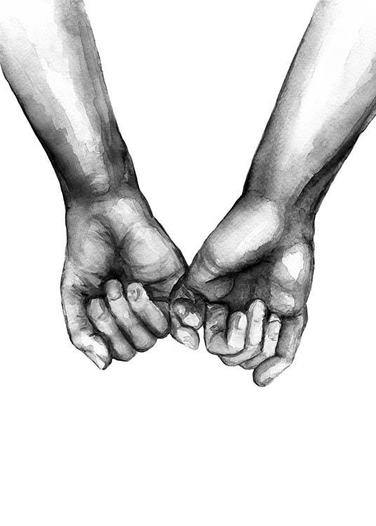  – Ilustração em aguarela de duas mãos unidas pelos dedos mindinhos a preto e branco