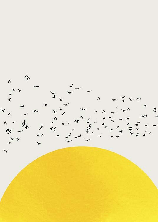  – Ilustração gráfica de um bando de pássaros a sobrevoarem um sol amarelo sob um fundo bege