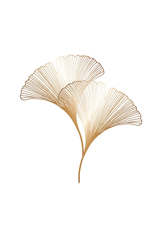  – Ilustração gráfica de duas folhas em dourado de ginkgo sob um fundo branco