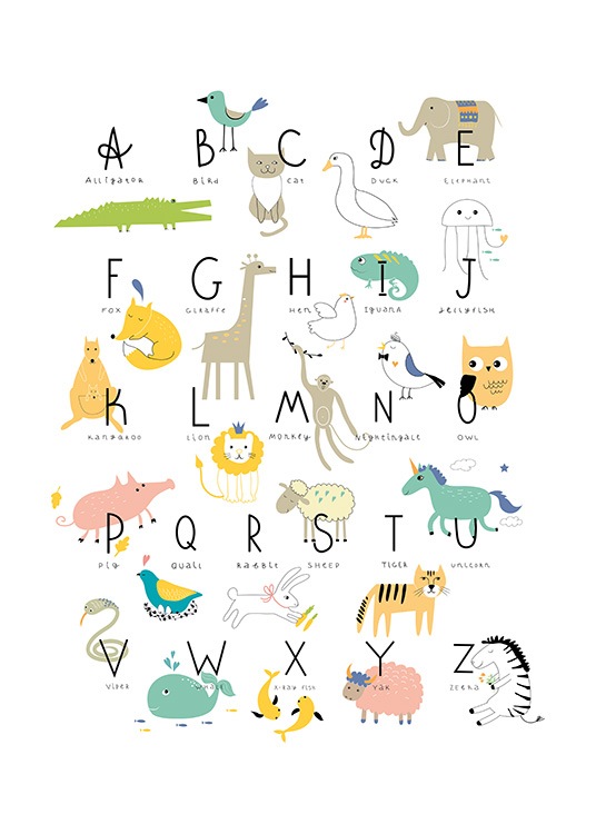 – Poster com o alfabeto e animais em fundo branco.