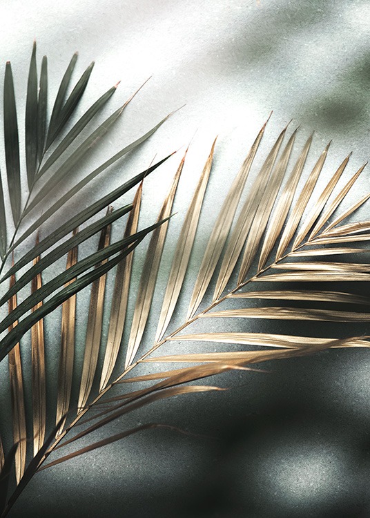  – Fotografia de duas folhas de palmeira em verde e dourado, com a luz do sol a incidir na pedra que está de fundo