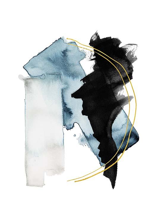  – Ilustração abstrata em aguarela com formas em azul e preto, com duas linhas curvas em dourado, sob um fundo branco