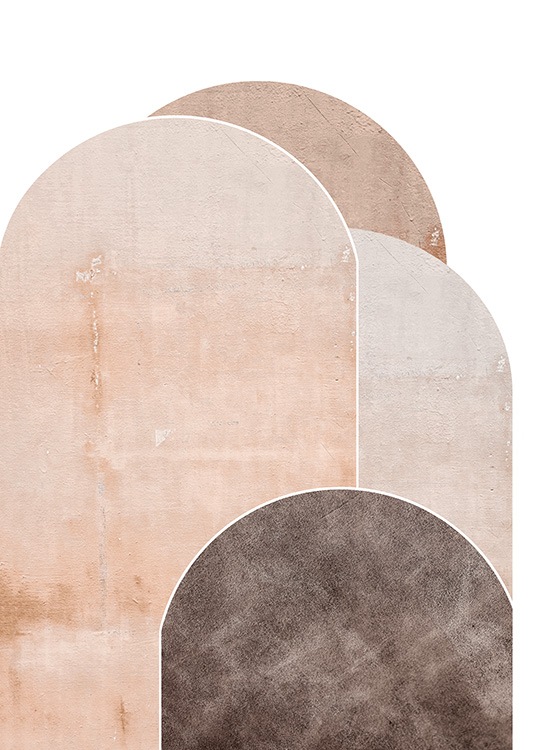 –Semi-ovals in tones of beige and brown overlapping each other. –Semi-ovais em tons de bege e castanho sobrepostos.