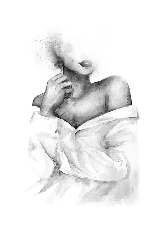  – Ilustração em aguarela em preto e branco de uma mulher com uma camisa com ombros descobertos