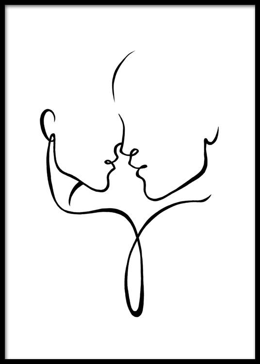  – Ilustração a preto e branco de arte linear de duas caras quase a beijarem – se