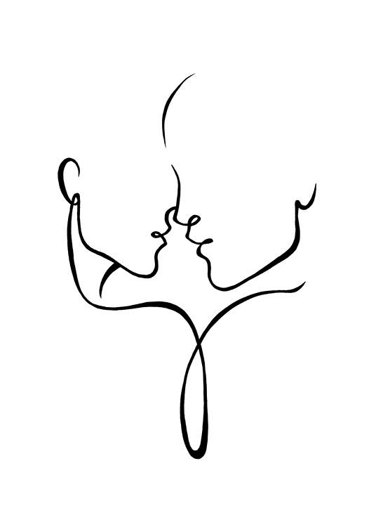  – Ilustração a preto e branco de arte linear de duas caras quase a beijarem – se