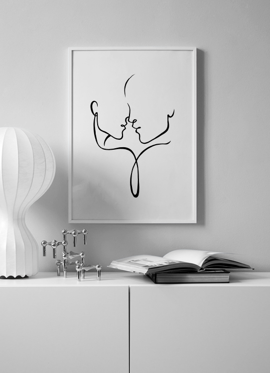  – Ilustração a preto e branco de arte linear de duas caras quase a beijarem – se