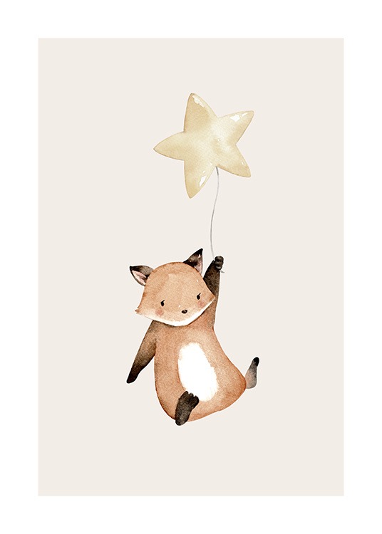  – Ilustração encantadora de uma raposa voadora a sefurar um balão em forma de estrela