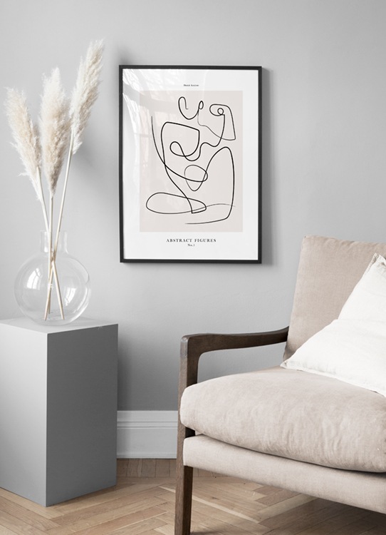  – Arte linear abstrata de um corpo, desenhado a preto sob um fundo bege