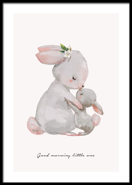 Poster ilustrado de criança com a mãe-coelhinho a dar um beijinho de bons-dias ao bebé-coelhinho