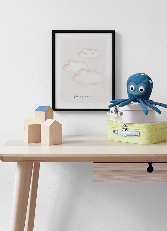 Poster de crianças com nuvens ilustradas com os olhos fechados e texto por baixo