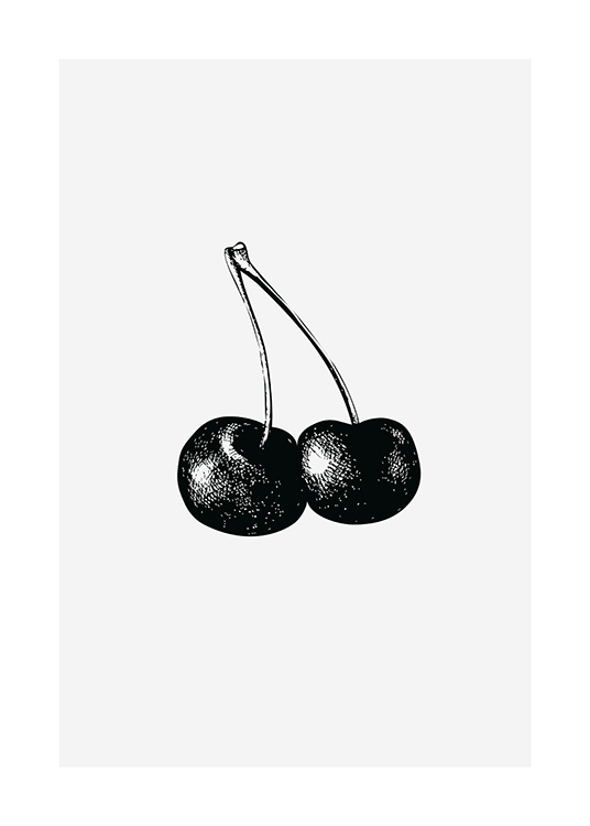  - Ilustração a preto e branco de duas cerejas com um fundo cinzento claro