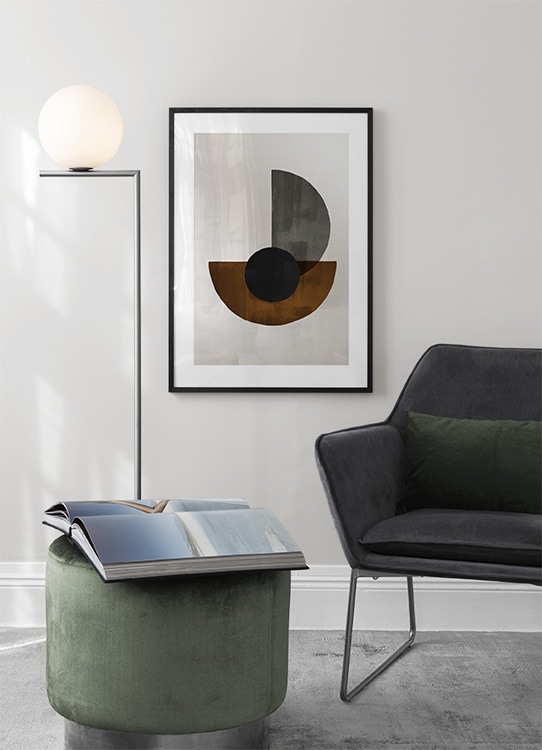  – Arte gráfica com formas em preto, castanho e cinza sob um fundo bege