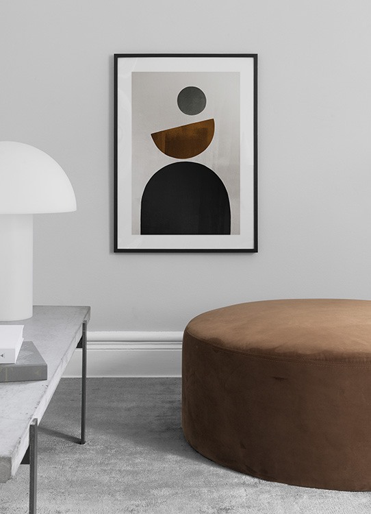  – Ilustração gráfica com formas geométricas em preto, cinza e castanho sob um fundo bege