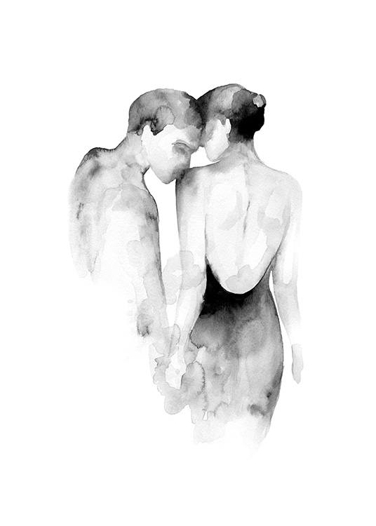  – Ilustração em aguarela a preto e branco de uma mulher a ser beijada no ombro por um homem