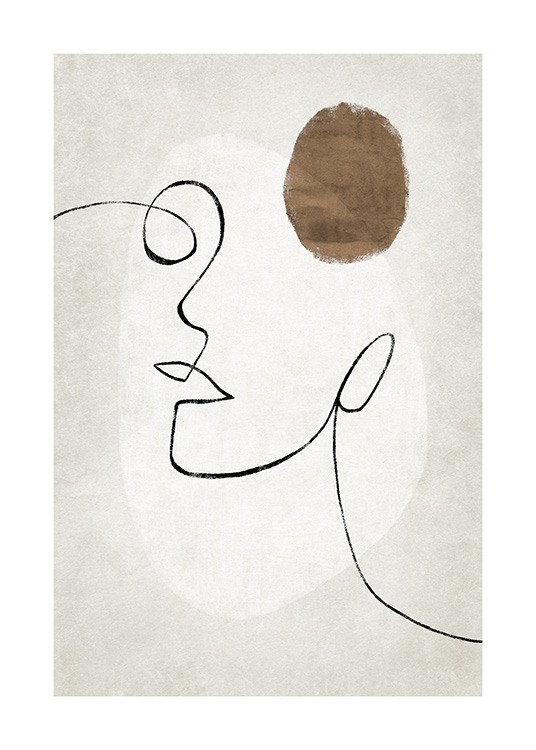  – Ilustração com formas abstratas e uma face em arte linear sob um fundo bege