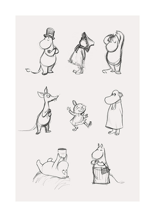  – Esboço das personagens principais de Moominvalley desenhadas a cinza sob um fundo bege