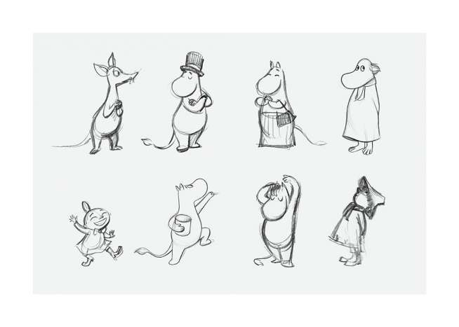  – Esboço das personagens principais de Moominvalley a cinza sob um fundo cinza claro