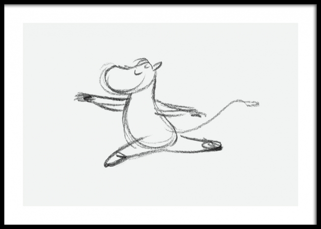  – Esboço da personagem Snorkmaiden de Moominvalley, a fazer um salto gracioso sob um fundo cinza claro