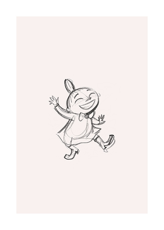 – Esboço da personagem Little My de Moominvalley, a dançar com um sorriso na cara, desenhada sob um fundo rosa claro.