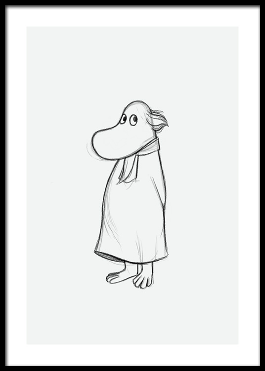  – Esboço de Hemulen de Moominvalley com as suas mãos atrás das costas, desenhado sob um fundo cinza claro