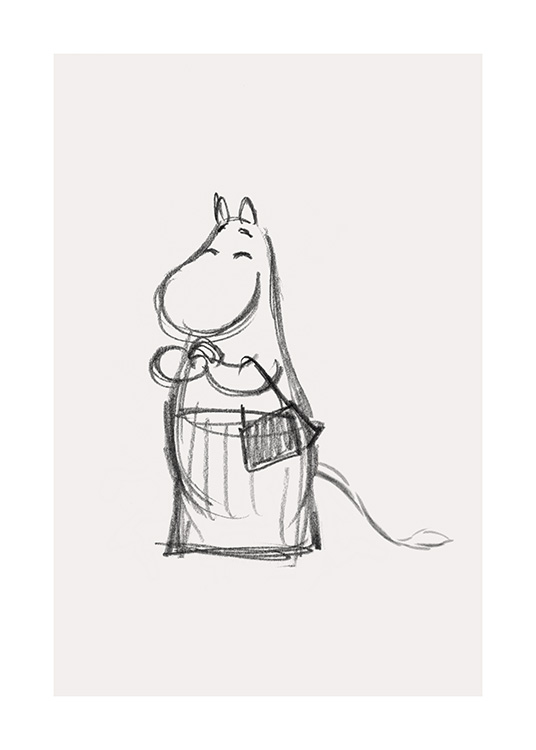  – Esboço da personagem Moominmamma de Moominvalley, que está a sorrir, desenhada sob um fundo bege claro