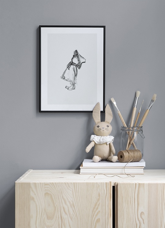  – Esboço do Snufkin de Moominvalley, com as suas mãos atrás das costas a olhar para cima, sob um fundo cinza claro