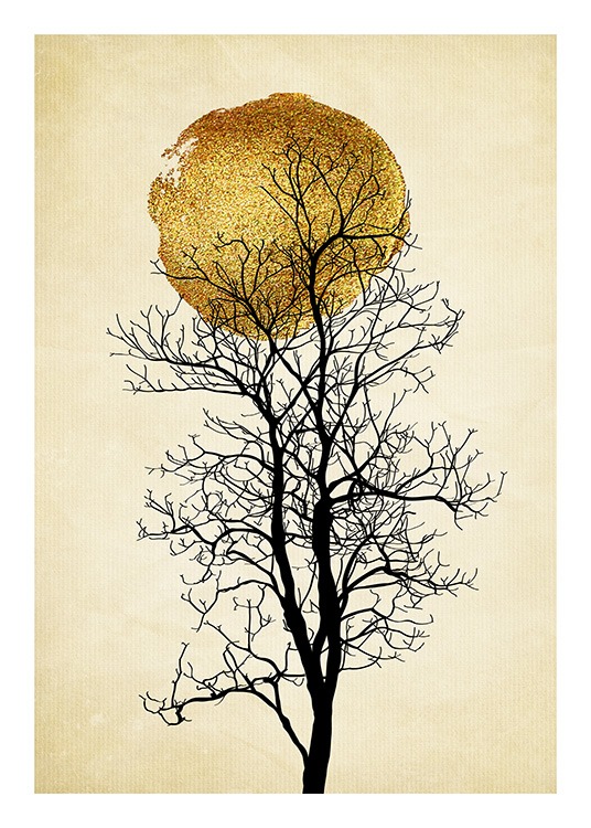  - Poster de arte gráfica com um sol dourado atrás de uma árvore preta em fundo bege com riscas