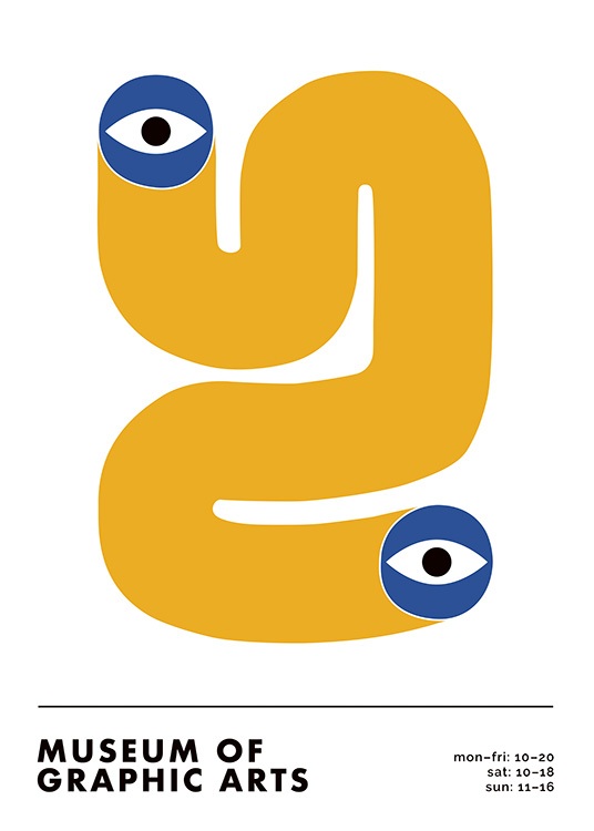  – Ilustração gráfica com remoinhos ousados em amarelo, com circulos azuis com olhos nas extremidades