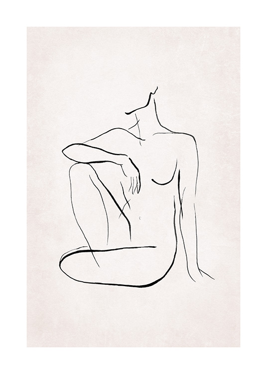  – Ilustração de arte linear de um corpo nu sentado, com linhas pretas sob um fundo rosa claro