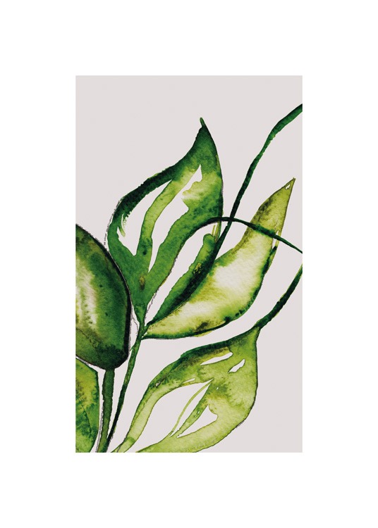  – Pintura em aguarela com folhas verdes com buracos nelas, sob um fundo bege