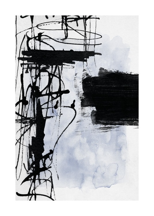  – Pintura com pinceladas abstratas em preto com um rectàngulo azul de fundo, sob um fundo cinza claro