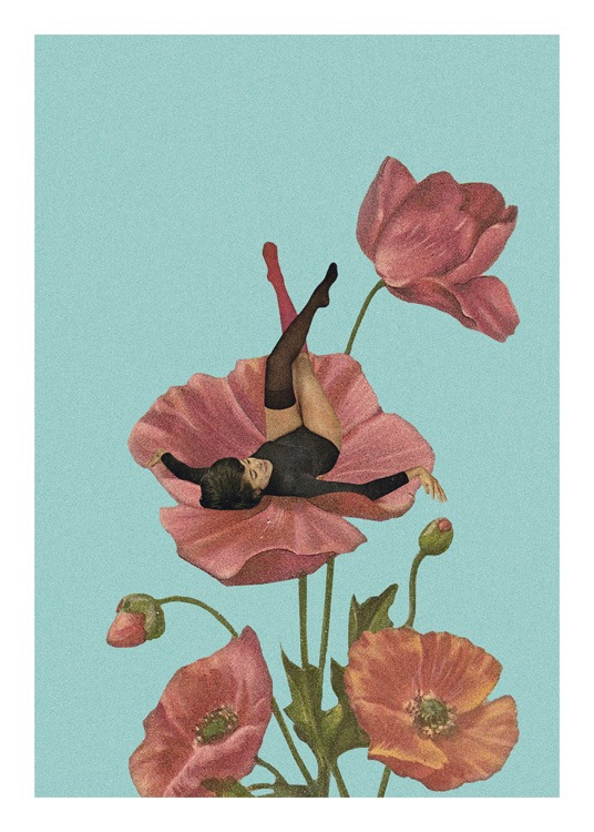  – Ilustração gráfica de uma mulher a usar meias até ao joelho, deitada sobre uma flor vermelha sob um fundo azul