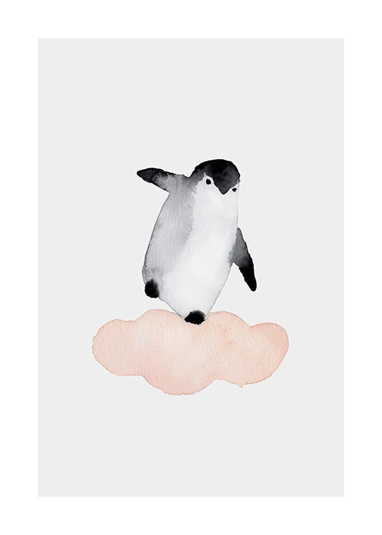  – Pintura em aguarela de um pinguim a balançar numa nuvem rosa, sob um fundo cinza claro