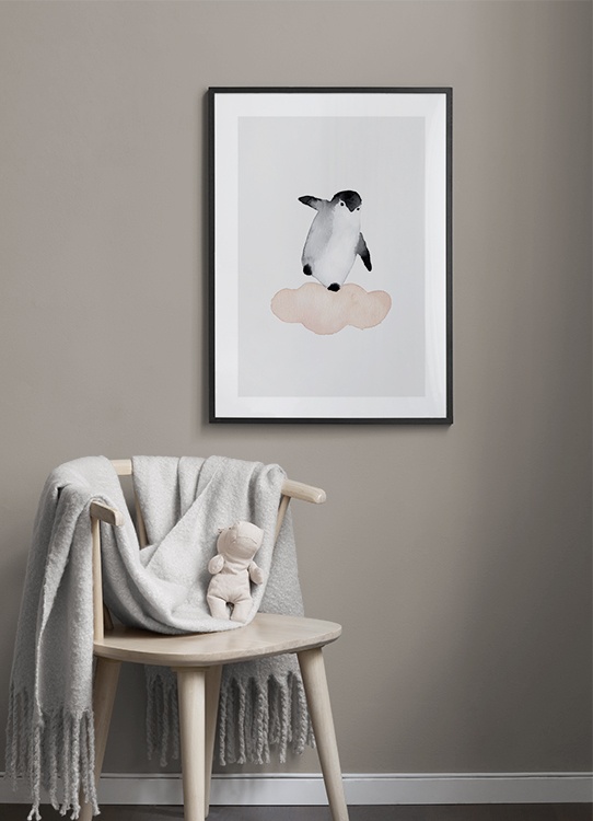  – Pintura em aguarela de um pinguim a balançar numa nuvem rosa, sob um fundo cinza claro