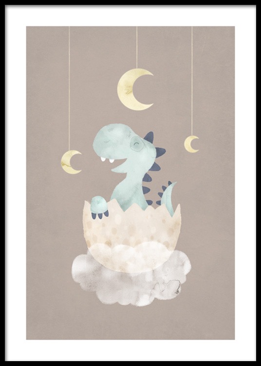  – Ilustração de um dinossauro pequeno azul dentro de um ovo no topo de uma nuvem sob um fundo castanho