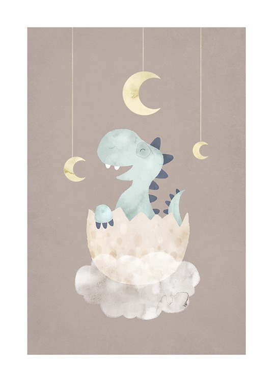  – Ilustração de um dinossauro pequeno azul dentro de um ovo no topo de uma nuvem sob um fundo castanho
