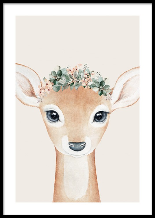  – Ilustração de um bambi com uma coroa de flores sob um fundo bege