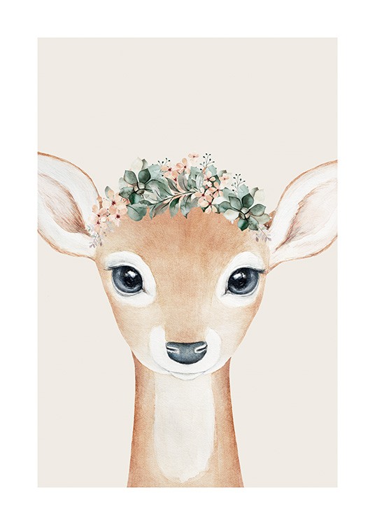  – Ilustração de um bambi com uma coroa de flores sob um fundo bege
