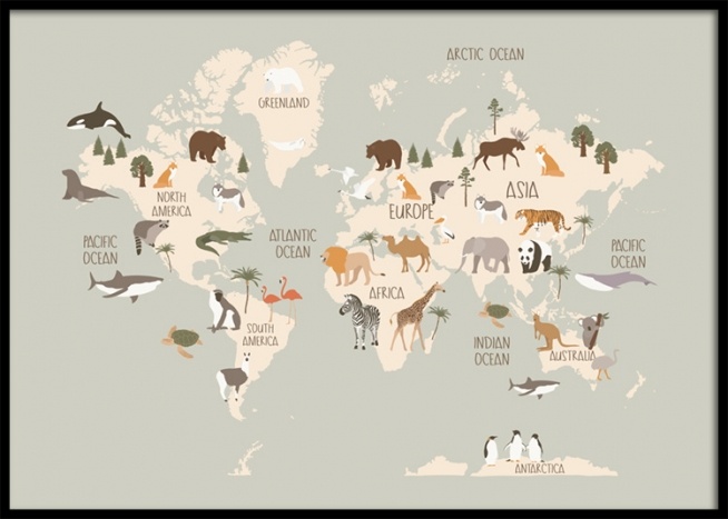  – Ilustração gráfica com um mapa mundo em bege e com animais em todo o mapa, sob um fundo cinza