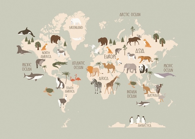  – Ilustração gráfica com um mapa mundo em bege e com animais em todo o mapa, sob um fundo cinza