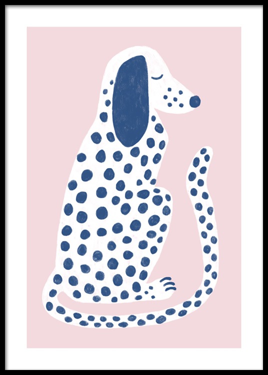  – Ilustração gráfica de um dalmata branco com pontos azúis, sob um fundo rosa claro.