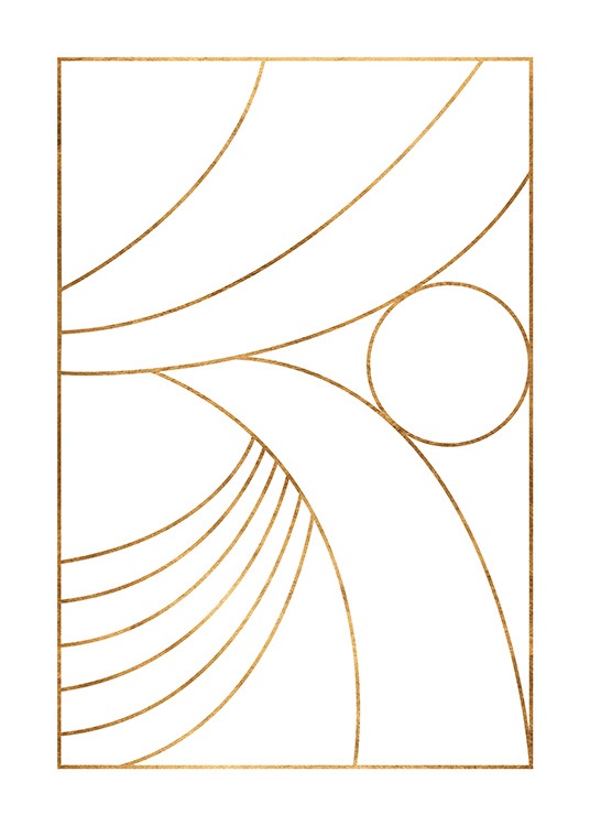  – Ilustração gráfica com linhas douradas e um circulo sob um fundo branco
