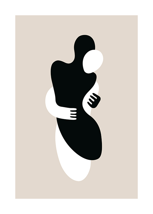  – Ilustração gráfica de duas figuras abstratas a abraçarem-se, em preto e brancosob um fundo bege