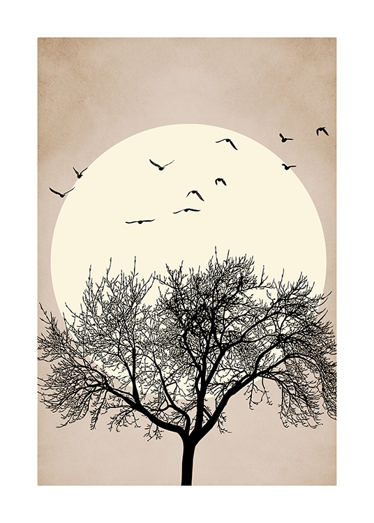  – Ilustração gráfica de pássaros pretos sobre uma grande árvore preta, com um sol amarelo por trás sob um fundo bege