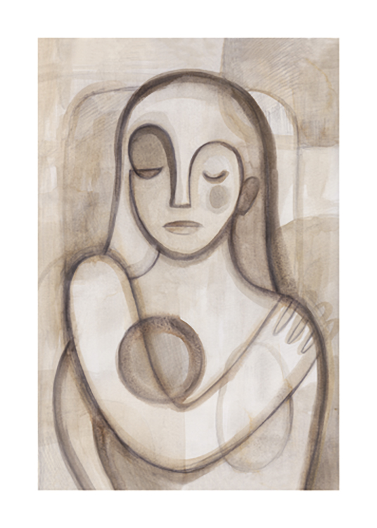  – Esboço abstrato de uma mulher com olhos fechados, desenhada em aguarela bege e castanha