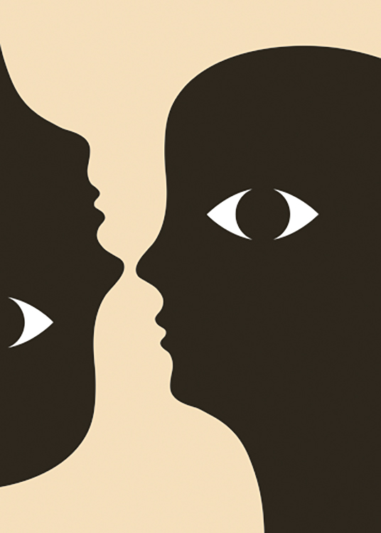  – Ilustração gráfica de duas silhuetas de faces a preto com dois olhos, sob um fundo amarelo
