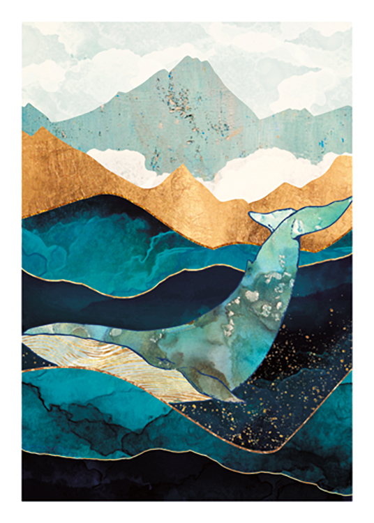  – Ilustração gráfica de uma baleia em azul e dourado num oceano azul escuro com detalhes em dourado