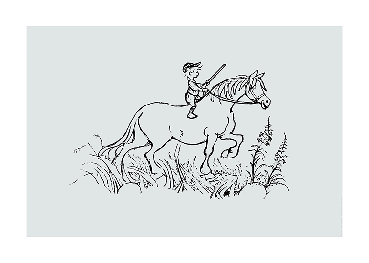  – Ilustração em preto de Emil de Lönneberga a andar a cavalo com erva e flores em baixo