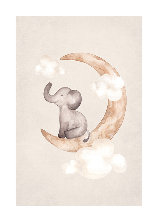  – Pintura em aguarela de um pequeno elefante sentado na lua com nuvens ao redor